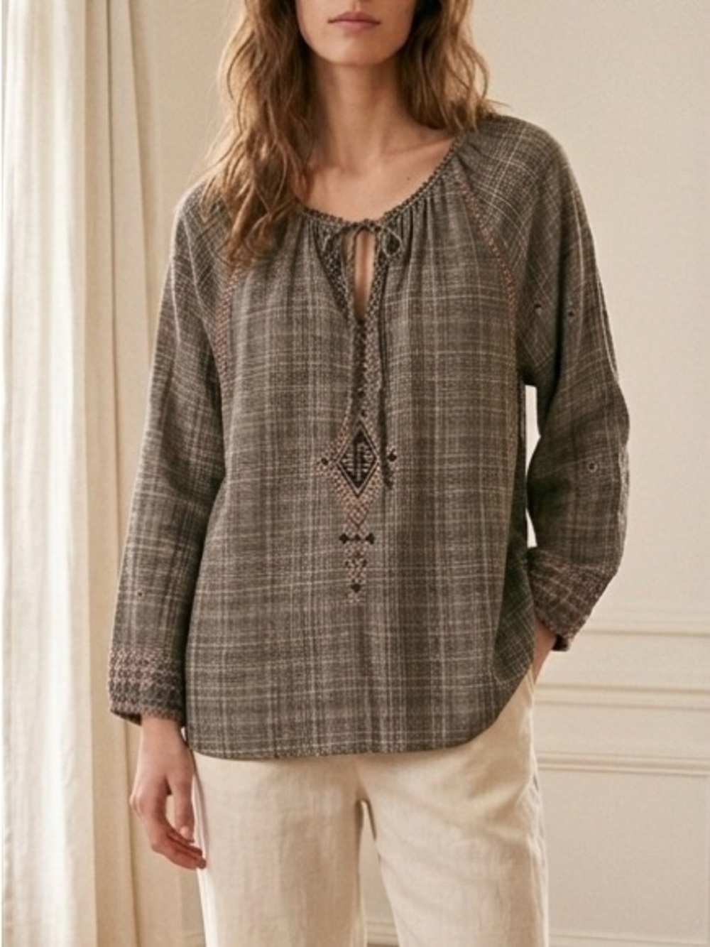 💎 Dylan Boho Woven Embroidered Peasant Top in Taupe Made in India Size M